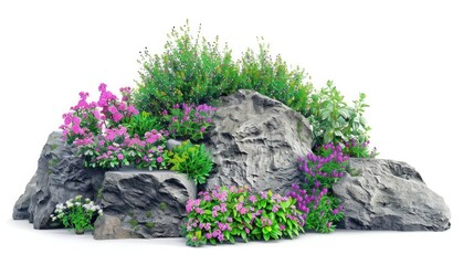 Cutout rock surrounded by flowers. Garden design isolated on white background. Flowering shrub and green plants for landscaping. Decorative shrub and flower bed.