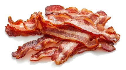 Crispy, cooked bacon strips piled together on a white background, showcasing their savory texture and rich color, perfect for breakfasts or recipes.