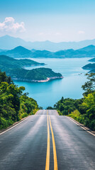 Realistic shot of an empty road leading to the blue waters and green mountains near Chongqing, with scenic views of Quanentshan Lake.Low angle. The scene includes roads, mountainous terrain