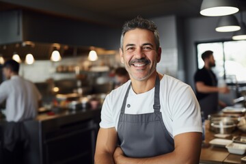 Obraz premium Portrait of a middle aged male Hispanic chef in kitchen