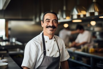 Obraz premium Portrait of a middle aged male Hispanic chef in kitchen