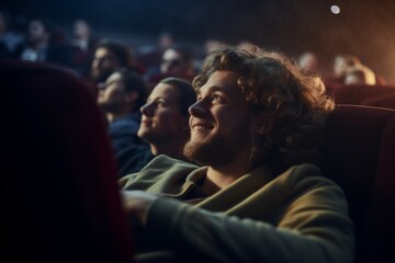 Fototapeta premium Smiling young man watching movie in cinema