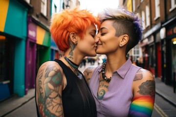 Naklejka premium Young lesbian couple kissing in the city street