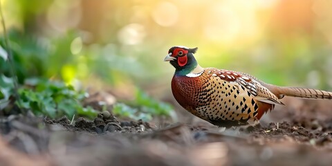 Camouflaged female pheasant forages for insects and seeds on forest floor. Concept Wildlife Photography, Nature Conservation, Bird Watching, Forest Ecosystems, Natural Camouflage