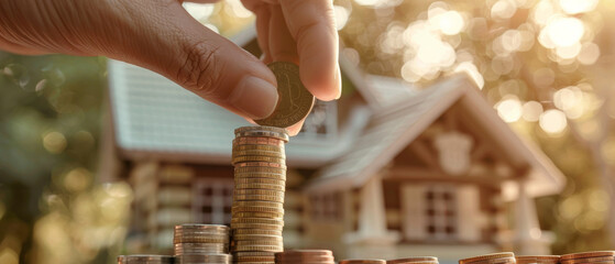 Obraz premium A hand carefully stacks coins in front of a house, symbolizing savings, investment, and financial growth in a home setting.