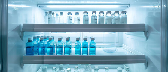 A refrigerator filled with orderly rows of medical vials and bottles, casting a clinical, sterile glow from the internal light.
