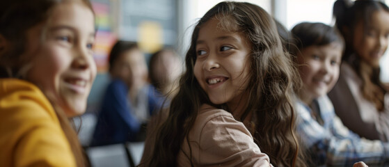 Obraz premium A group of cheerful children engaging in a lively conversation in a classroom, filled with warm light and vibrant energy.