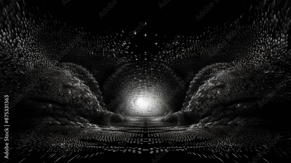 Poster Abstract dark background with light fractal ornament of moody web and particles.