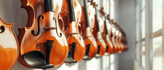 A row of violins, bathed in warm sunlight, hangs elegantly in a well-lit room, evoking feelings of harmony and musical finesse.