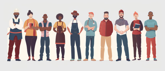 Fototapeta premium A diverse group of people stand in a line, each dressed distinctively, symbolizing unity and diversity against a neutral background.