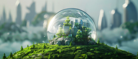 A futuristic cityscape encased in a transparent globe sits atop a lush, green hill, symbolizing environmental sustainability within urban development.