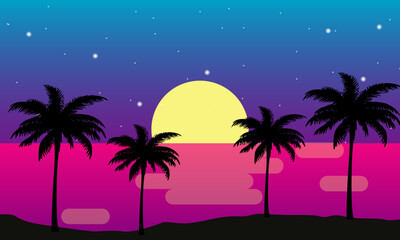 Naklejka premium Scenery beach at sunset with sun and palm silhouette