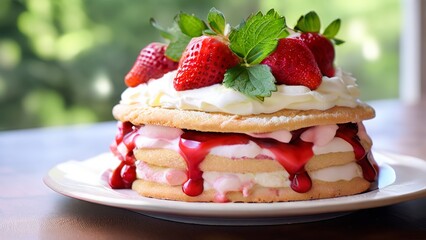 A beautiful 3-layer strawberry cake decorated with fresh berries.
