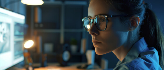 A focused woman wearing large glasses works late at night in a dimly lit office, with a computer screen illuminating her.