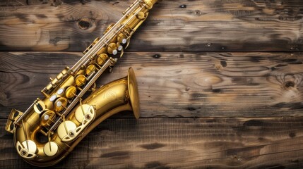 Naklejka premium A golden colored saxophone stands on an old and burnt looking wooden surface. Copy space