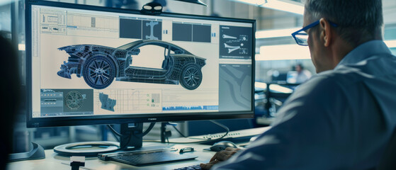 Obraz premium Engineer works on a computer, designing a car chassis, showcasing the fusion of technology and innovation in modern automotive engineering.