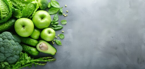 Healthy flat lay of green veggies and fruits on a concrete backdrop, showcasing broccoli, asparagus, avocado, and more