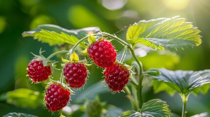 Branch of luscious ripe raspberry berries shining brightly in the warm rays of the sun