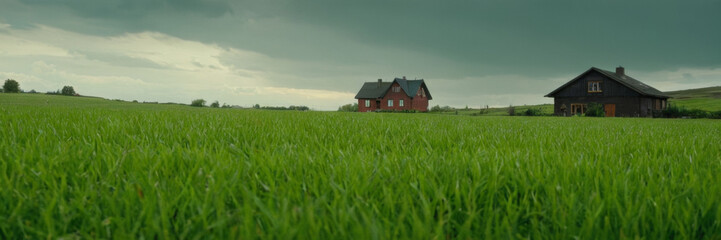 true green grass field with a house in the horizon