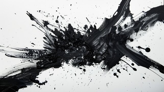 Dynamic black ink splatter on a white canvas. Bold abstract expression of creativity, perfect for modern interiors and artistic projects.