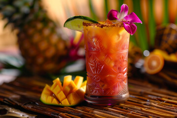 tropical cocktail with flowers and fruit, hawaiian tiki theme