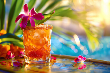 tropical cocktail with flowers and fruit, hawaiian tiki theme