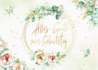 Karte oder Banner, um alles Gute zum Geburtstag zu wünschen, in Gold in mehreren goldfarbenen Kreisen mit Blumen und Blättern auf einem weißen und cremefarbenen Hintergrund mit Farbverlauf