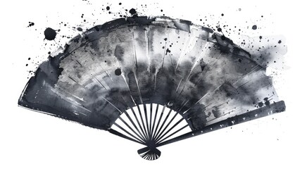 Obraz premium Elegant black and white abstract watercolor of a traditional hand fan, with ink splatters and artistic brush strokes on a white background.