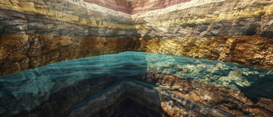 Naklejka premium A detailed geological cross-section showcasing layered rock formations with clear strata, visually representing geological history in vibrant colors.