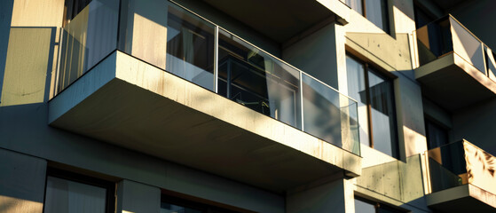 Fototapeta premium Modern apartment building facade with sunlit balconies and glass railings, showcasing urban architecture in the late afternoon.