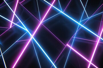 A dynamic display of intersecting neon lines in sharp blue and soft purple, forming an abstract geometric pattern against a black canvas. The lines glow vividly, highlighting 