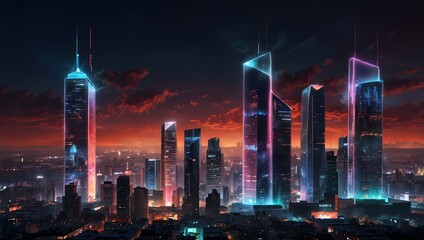 Fototapeta premium A skyline of holographic billboards, sleek skyscraper vai_generated