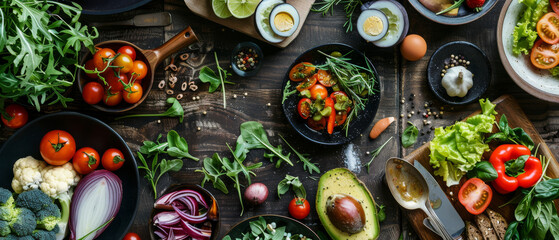 Fototapeta premium An overhead view of a vibrant assortment of fresh vegetables, herbs, and condiments arranged on a rustic wooden table, ready for preparation.