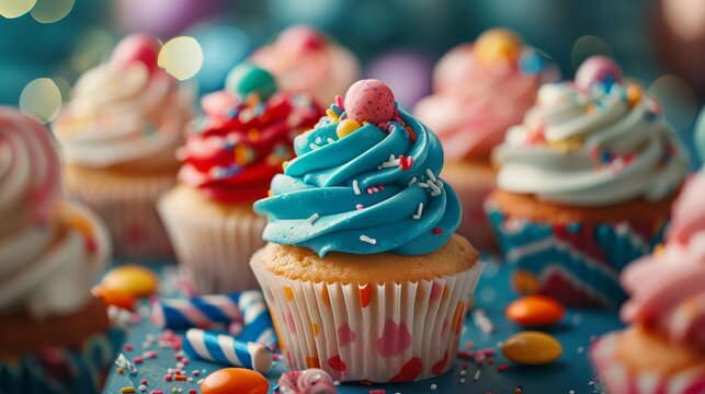A table filled with colorful cupcakes, candies, and sprinkles