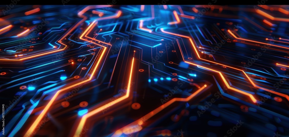 Leinwandbilder Circuit board and binary code on a dark blue abstract background, illuminated with an orange light effect for a tech concept