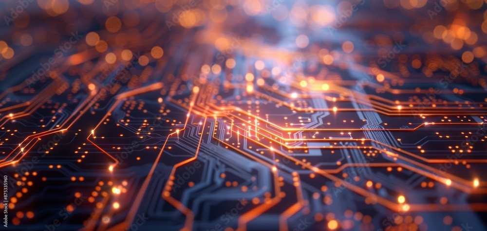 Leinwandbilder Tech-inspired abstract background with circuit board patterns and binary code on dark blue, accented by orange lighting