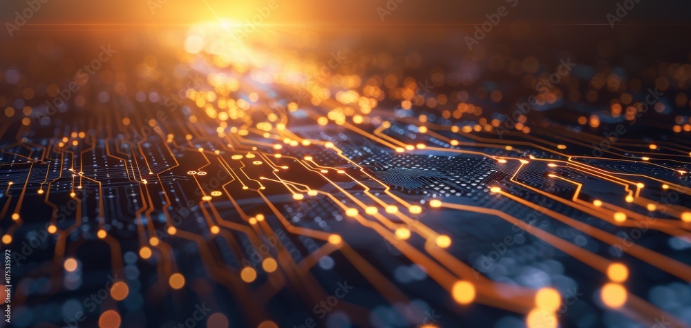 Leinwandbilder Abstract background featuring a circuit board and binary code on dark blue, enhanced with an orange light effect for a tech theme