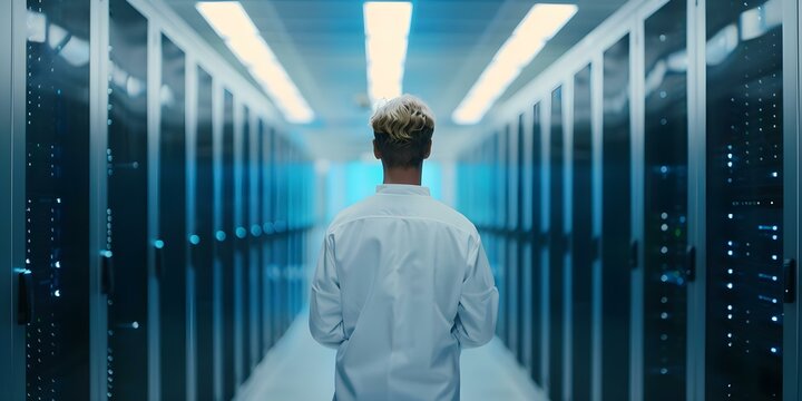 An IT Engineer Demonstrating Artificial Intelligence in Operation at a Data Center. Concept AI Innovation, Tech Presentation, Data Center Operations, IT Engineer, Artificial Intelligence Demo