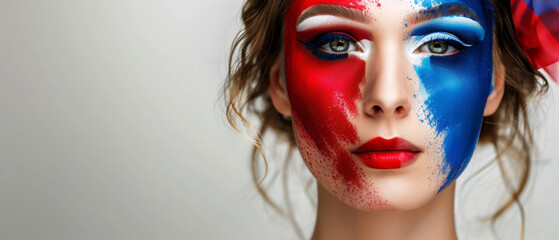 Naklejka premium A model's face artistically painted with vibrant red and blue colors, illustrating an expression of bold creativity and dynamic contrast.