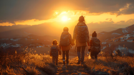 A family of four bonds while hiking through breathtaking mountain scenery at sunset, deepening their connection and admiration for natures beauty, forming lasting memories together