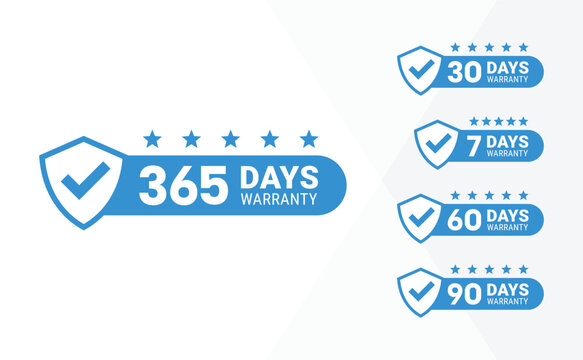 Minimalist Vector warranty shield with checklist label icon set. Number of days 365, 30, 7, 60, 90. vector eps
