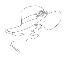 Abstract linear woman in hat. Minimal portrait,  Hand drawn vector illustration.