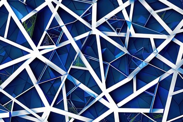 A lattice-like design where triangles in deep blue and white form a complex web, with pops of green and cyan adding depth and interest to the intersections, suggesting a network of connections.