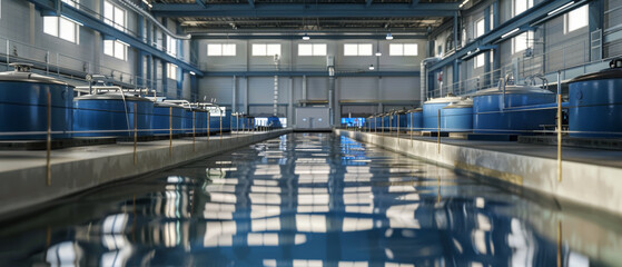 A large industrial interior with rows of blue tanks, a long walkway through the center, mirrored reflections on the water creating a symmetrical visual.