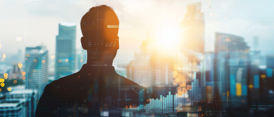 Silhouette of a person against a cityscape at sunrise, with digital overlays hinting at technology, innovation, and future possibilities.