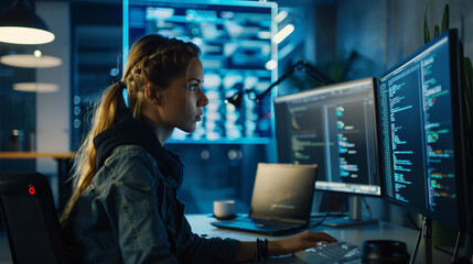 A female junior software engineer writes code on a desktop computer with two monitors and a laptop in a stylish office. A Caucasian woman working on an artificial intelligence service for a big tech