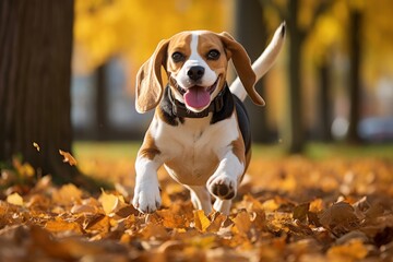 A cheerful beagle dog running in an autumn park through yellow leaves,