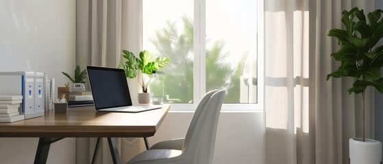 A serene home office with a neat desk, open laptop, potted plants, and books, illuminated by soft morning light pouring through a large window.