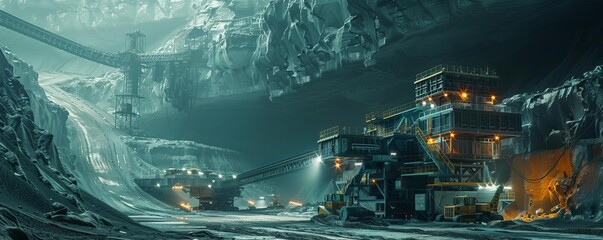 Underground mining site with heavy machinery operating in a cavernous space, illuminated by artificial lights, creating a dramatic atmosphere.