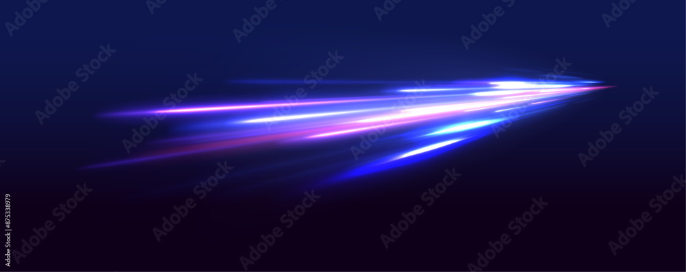 Poster Neon color glowing lines background, high-speed light trails effect. Shining lights in motion with small particles. Vector swirl trail effect. 